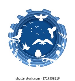 Abstract Blue Paper Cut Background Birds Nature Vector