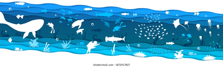 Abstract Blue Paper Cut Fish Shark Whale Swim On Water Divers White Background Vector Design Style