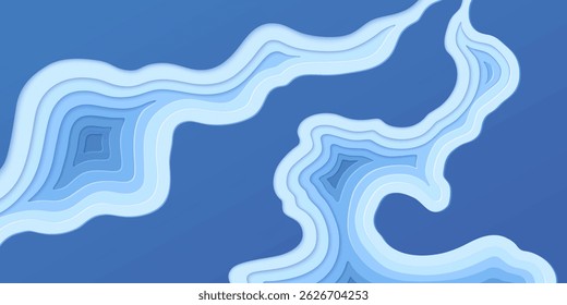 O papel azul abstrato recorta o relevo da topografia. Ilustração vetorial das camadas de fluxo de água do rio de corte de papel vista superior, textura 3d do oceano ou da onda do mar, papel de parede de recorte, paisagem origami, fundo da apresentação