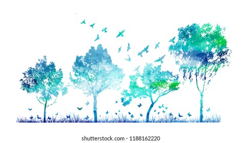 Abstract blue park with trees of birds and butterflies
