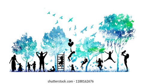 Abstract blue park with trees and people silhouettes. Childhood