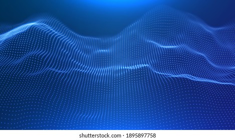 Fondo abstracto de partículas azules. Ola de flujo con paisaje de puntos. Estructura de datos digitales. Malla futura o rejilla de sonido. Visualización de puntos de patrón. Ilustración vectorial de tecnología.