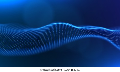 Abstract blue particle background. Flow wave with dot landscape. Digital data structure. Future mesh or sound grid. Pattern point visualization. Technology vector illustration.