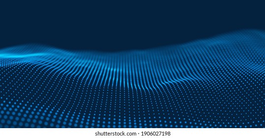 Abstract Blue Particle Background. Flow Wave With Dot Landscape. Digital Data Structure. Future Mesh Or Sound Grid. Pattern Point Visualization. Technology Vector Illustration.