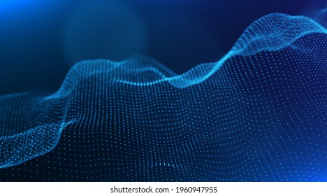 Abstract blue particle background. Flow wave with dot landscape. Digital data structure. Future mesh or sound grid. Pattern point visualization. Technology vector illustration.