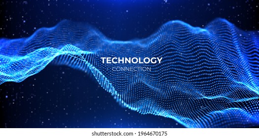 Abstract blue particle background. Flow wave with dot landscape. Digital data structure. Future mesh or sound grid. Pattern point visualization. Technology vector illustration.