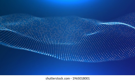 Abstract blue particle background. Flow wave with dot landscape. Digital data structure. Future mesh or sound grid. Pattern point visualization. Technology vector illustration.
