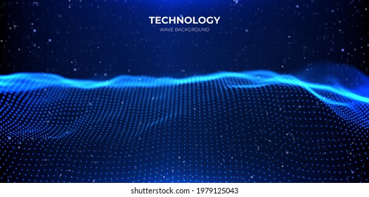 Abstract blue particle background. Flow wave with dot landscape. Digital data structure. Future mesh or sound grid. Pattern point visualization. Technology vector illustration.