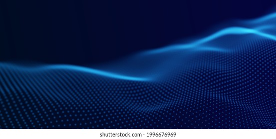 Abstract blue particle background. Flow wave with dot landscape. Digital data structure. Future mesh or sound grid. Pattern point visualization. Technology vector illustration.