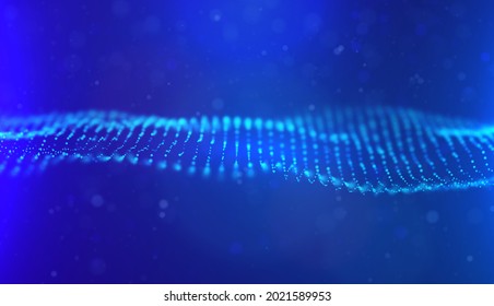 Abstract blue particle background. Flow wave with dot landscape. Digital data structure. Future mesh or sound grid. Pattern point visualization. Technology vector illustration.