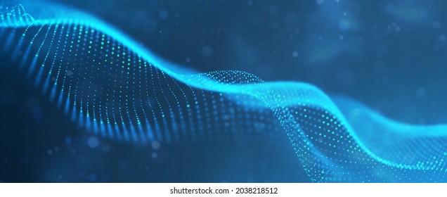 Abstract blue particle background. Flow wave with dot landscape. Digital data structure. Future mesh or sound grid. Pattern point visualization. Technology vector illustration.