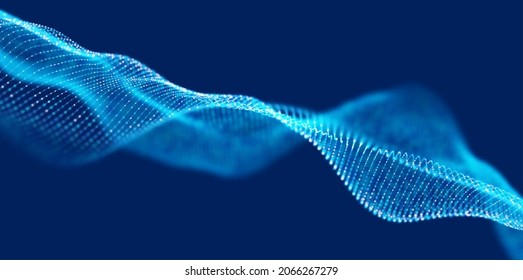 Abstract blue particle background. Flow wave with dot landscape. Digital data structure. Future mesh or sound grid. Pattern point visualization. Technology vector illustration.