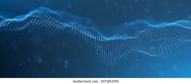 Abstract blue particle background. Flow wave with dot landscape. Digital data structure. Future mesh or sound grid. Pattern point visualization. Technology vector illustration.