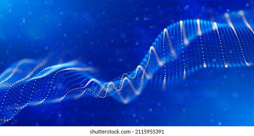 Fondo abstracto de partículas azules. Ola de flujo con paisaje de puntos. Estructura de datos digitales. Malla futura o rejilla de sonido. Visualización de puntos de patrón. Ilustración vectorial de tecnología.