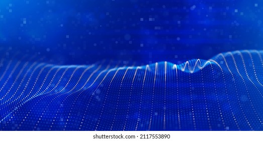 Fondo abstracto de partículas azules. Ola de flujo con paisaje de puntos. Estructura de datos digitales. Malla futura o rejilla de sonido. Visualización de puntos de patrón. Ilustración vectorial de tecnología.