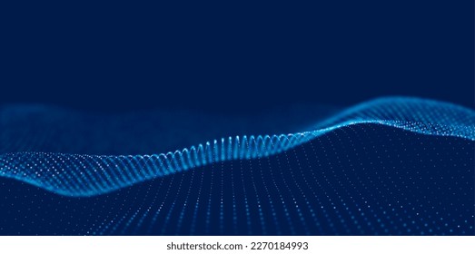 Fondo abstracto de partículas azules. Ola de flujo con paisaje de puntos. Estructura de datos digitales. Malla futura o rejilla de sonido. Visualización de puntos de patrón. Ilustración vectorial de tecnología.