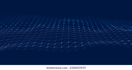 Fondo abstracto de partículas azules. Ola de flujo con paisaje de puntos. Estructura de datos digitales. Malla futura o rejilla de sonido. Visualización de puntos de patrón. Ilustración vectorial de tecnología.