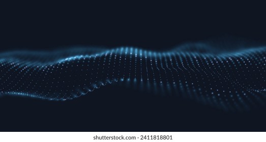 Abstract blue particle background. Flow wave with dot landscape. Digital data structure. Future mesh or sound grid. Pattern point visualization. Technology vector illustration.