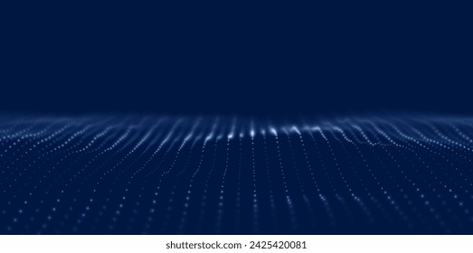 Abstract blue particle background. Flow wave with dot landscape. Digital data structure. Future mesh or sound grid. Pattern point visualization. Technology vector illustration.
