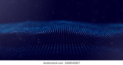 Abstract blue particle background. Flow wave with dot landscape. Digital data structure. Future mesh or sound grid. Pattern point visualization. Technology vector illustration.