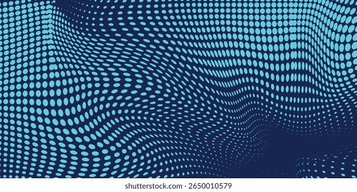 Fundo de partícula azul abstrato. Onda de fluxo com paisagem pontual. Estrutura de dados digitais. Malha futura ou grade de som. Visualização de ponto de padrão. Ilustração do vetor de tecnologia.