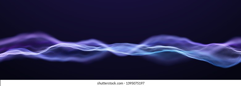 Abstract Blue Particle Waves Surface on Black Background. Abstract Technology or Science Banner. Cyber Space Background. Particles with DOF Effect. EPS10 Vector Illustration.