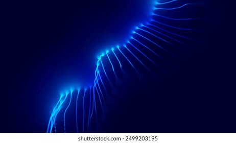 Abstract Blue Particles Background. Flow Wave With Dots Landscape. Digital Data Structure. Future Mesh or Sound Wave Grid. Big Data Pattern Point Visualization. Technology Vector Illustration.
