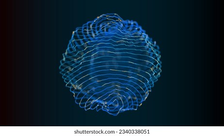 Abstract blue particles sphere from deformed lines. Bright dots background. Sci-Fi surface. Distorted ring waves. HUD element in futuristic style. DOF