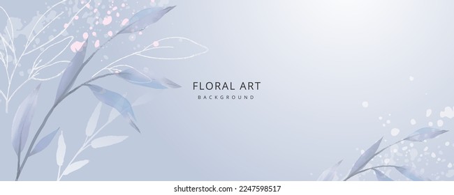 Abstract blue pastel watercolor background with hand drawn branches and leaves. Botanical elegant artistic wallpaper design with splash and brush texture. vector illustration