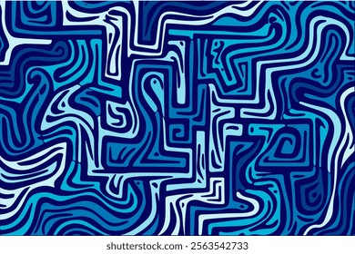 Abstract blue patterns create a mesmerizing labyrinth of shapes and lines in a digital artwork