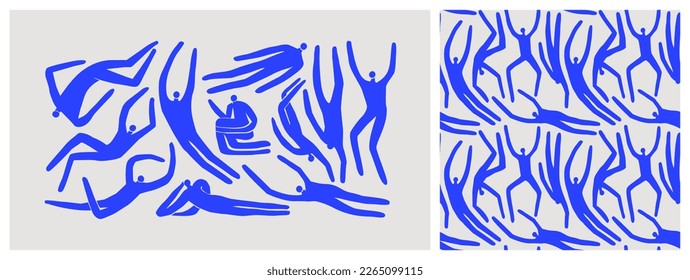 Abstract blue people body pattern illustration set. Vintage collage style figure background collection of men and women in diverse poses. - Shutterstock ID 2265099115