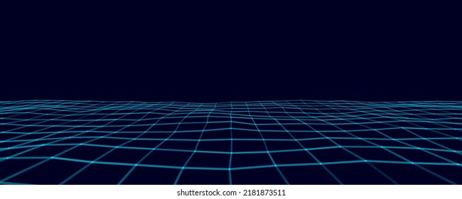 Abstract blue perspective grid. Digital background in retro style. Cyber landscape on black background. Vector illustration.