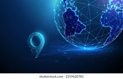 Abstract blue pin icon near the planet earth. Travelling and delievering concept. Low poly style design. Abstract geometric background. Wireframe light connection structure. Modern 3d graphic. Vector.