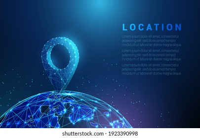 Abstract blue pin icon on the planet Earth. Low poly style design. Abstract geometric background. Wireframe light connection structure. Modern 3d graphic concept. Isolated vector illustration.