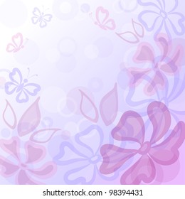 Abstract blue and pink background: flowers, butterflies and leaves. Vector