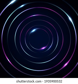 Abstract blue and pink fluorescent circles lines with glowing neon lights on black background. Vector illustration