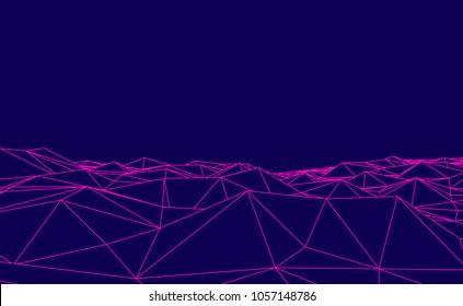 Abstract blue and pink futuristic 3D map. 3D space landscape background. Vector grid. The style of the 80-s.