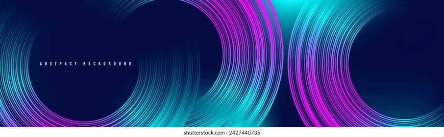 Abstract blue and pink glowing geometric lines on dark blue background.