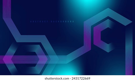 Abstract blue and pink glowing geometric lines on dark blue background.