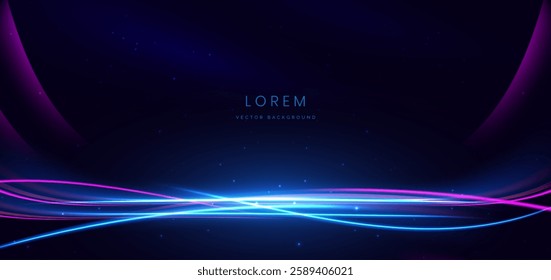Abstract blue and pink glowing ray curved on dark background with copy space for tex. Technology communication concept. Vector illustration 