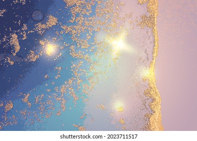 Abstract blue, pink and gold alcohol ink pattern with marble texture. Luxury background with watercolor splash for poster, flyer, brochure design. Modern fluid art with golden glitter.