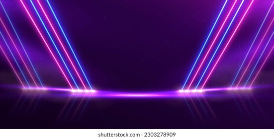 Abstract blue and pink neon diagonal glowing on dark purple background with sparkle. Vector illustration