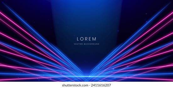 Abstract blue and pink neon diagonal glowing on dark blue background with lingthing effect sparkle. Vector illustration