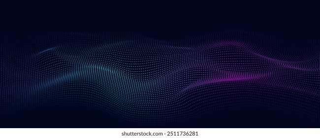 Abstrato azul rosa roxo gradiente ponto onda padrão fundo escuro. Cena preta com grandes partículas de dados movendo-se ondulada. Mídia digital no ar. Tecnologia ou inovação futuras.