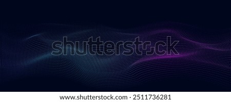 Abstract blue pink purple gradient dot wave pattern dark background. Black scene with big data particles moving wavy. Digital media in the air. Future technology or innovation.