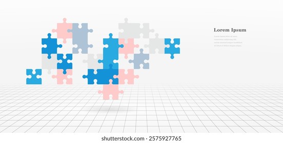 abstract blue pink puzzle pieces. geometric square texture background. 3d wireframe pattern. architectural concept.