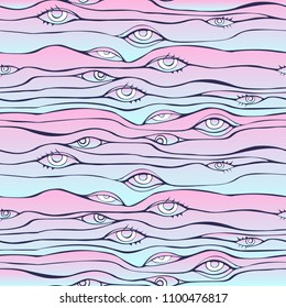 Abstract blue and pink seamless pattern with eyes in vector. Background with wave lines and eyes