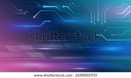 Abstract blue and pink technology background with glowing circuit lines and geometric shapes. Futuristic digital design concept for innovation, data, and modern tech themes.