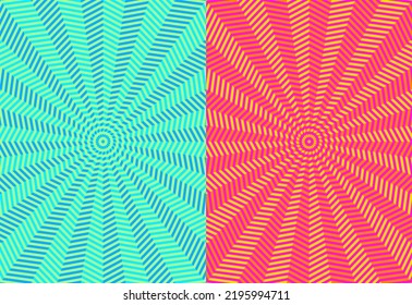 Abstract blue, pink, yellow background pattern. A circular radial illusion extending from the center. Twenty pointed star geometric shapes alternate dark and light colors. Vector illustration.