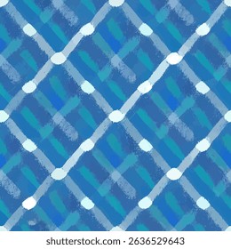 Abstract blue plaid with white dots, grunge lines ikat pattern, striped seamless pattern, Vector illustration background for print the paper.